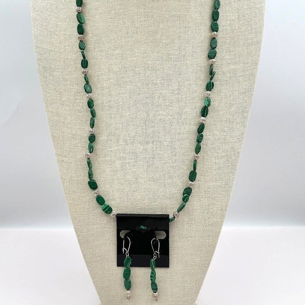 Vintage Silver Tone Green Faux Malachite Beaded Necklace Earrings Set Jewelry